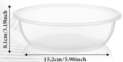 Clear plastic bowl with dimensions labeled 8.1cm/3.19inch H x 15.2cm =/5.98inch W
