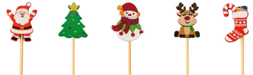 Set of five one-inch, Christmas-themed wooden cupcake and mini bundt toppers on sticks shaped and hand-painted as Santa Claus, Christmas tree, snowman, reindeer, and stocking.