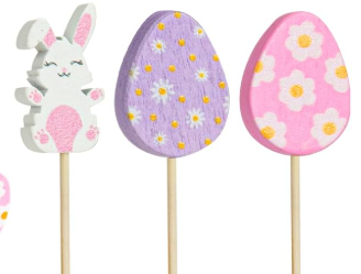 Set of three Easter-themed cupcake toppers on sticks on sticks shaped and hand-painted as one bunny and two eggs--one purple  and one pink both with white daisies