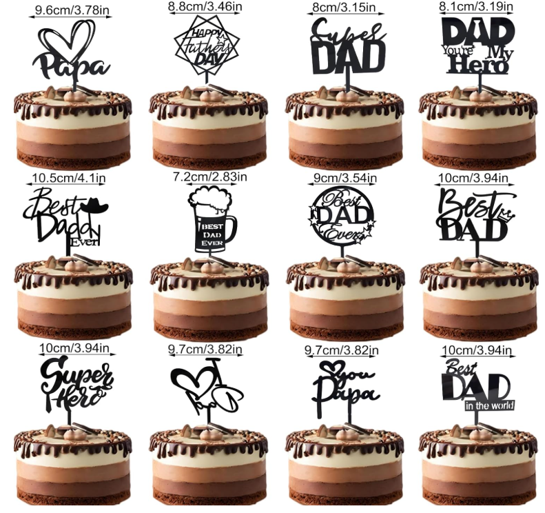 Collection of 12 black acrylic cake toppers each ~4inch x 4inch with various designs and text: heart shape over "Papa", "Happy Father's Day" inside 2 overlapped squares, "Super Dad" text, "Dad Your my hero" text, cowboy hat shape inside "Best Daddy Ever", suds-topped beer mug with "Best Dad ever", "Best Dad Ever" with star shapes inside a circle, "Best Dad Ever" a tipped crown on the last D, "Super hero" text, "I" heart-shape "Dad", heart shape "you papa", "Best Dad in the World" text