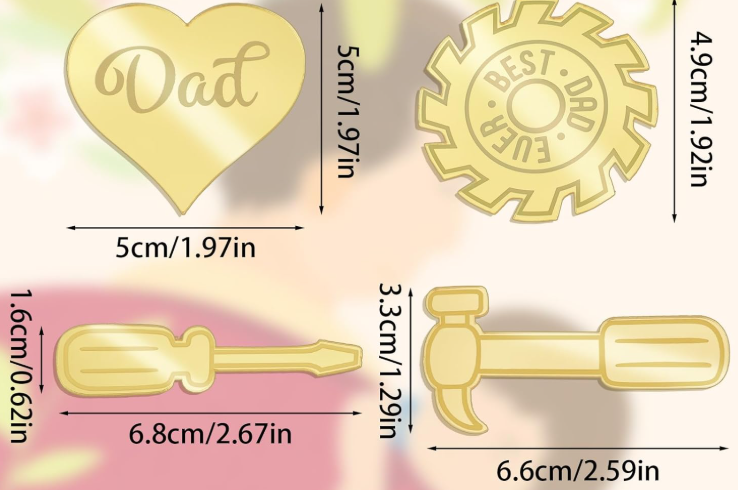Four Father's day-themed Acrylic Gold-mirrored, engraved tool-shaped coins: 2inch x 2inch heart with 'Dad', 2inch x 2inch round saw blade with 'Best Dad Ever', 0.7inch x 2.7inch screwdriver and 1.3inch x 2.6inch claw-hammer. 