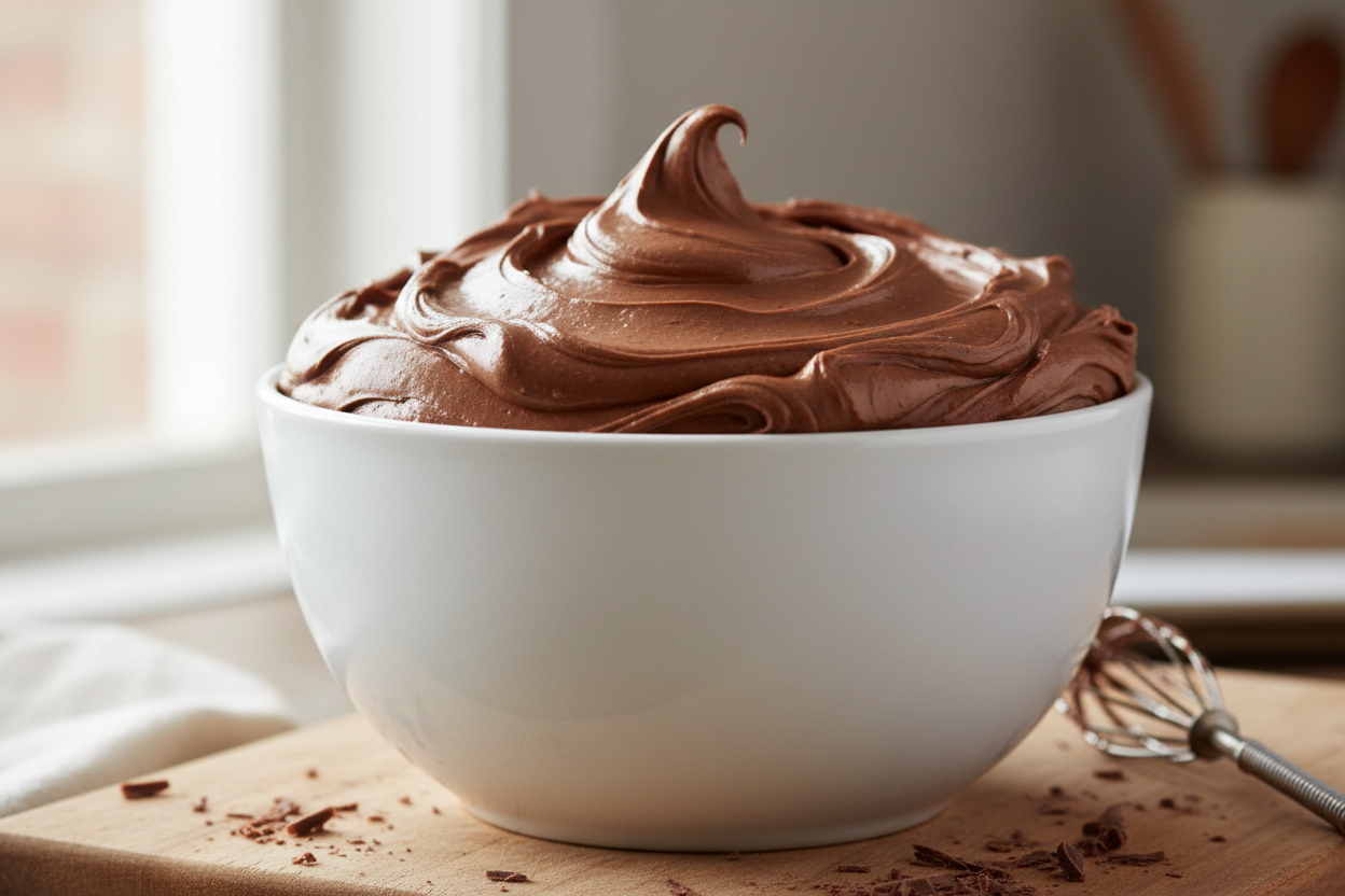 White bowl filled with fluffy, whipped chocolate-buttercream on a wooden surface.