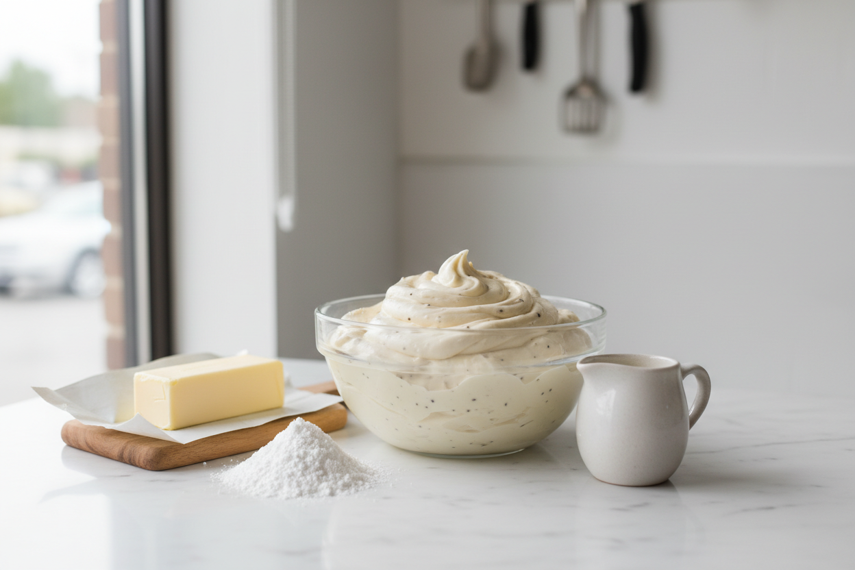 Bowl of whipped vanilla bean-speckled buttercream frosting on a white marble kitchen counter beside a stick of butter on its open wrapper atop a small wood cutting board, next to artfully spilled powdered sugar and a small, white porcelain cream pitcher with blurred background of a parking-lot facing window and white beadboard wall with hanging kitchen utensils.