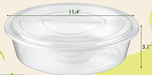 Clear plastic bowl with dimensions labeled 3.1inch H x 11.4inch W