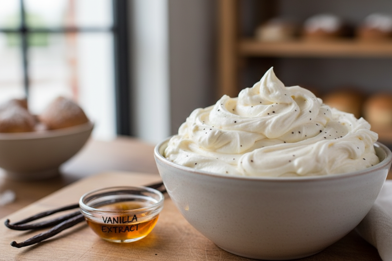 Bowl of vanilla bean-speckled whipped cream with 3 whole vanilla beans and small glass bowl of vanilla extract all on a wooden surface